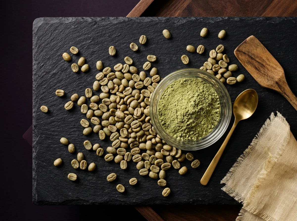Green coffee bean extract flat-lay, whole beans and powder